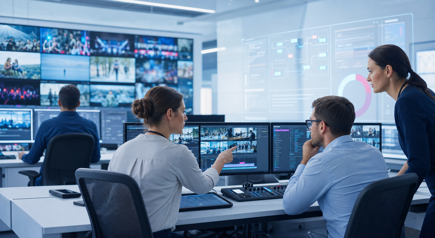 Broadcast operations team reviewing media workflow data